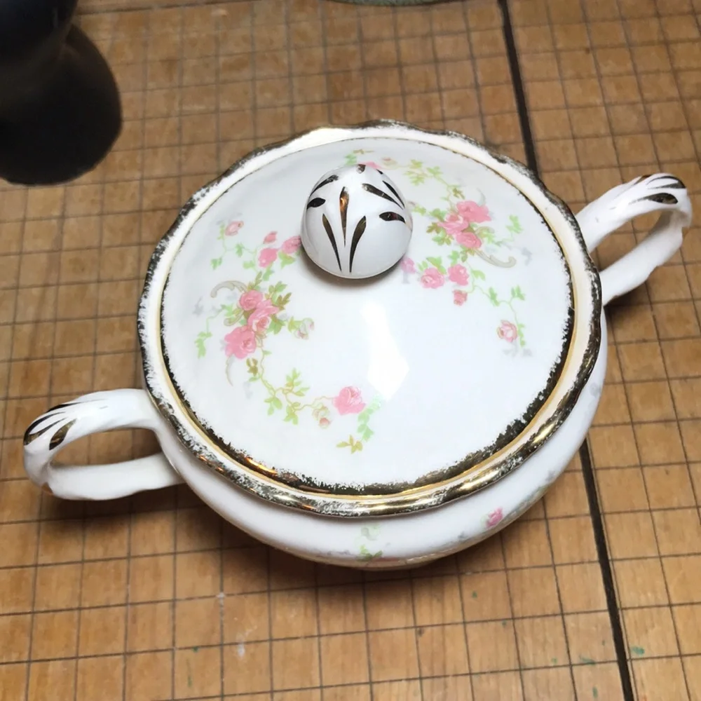 Pope Gosser USA Tureen and Sugar Bowl w Lids Pink Roses Gold Trim Vintage Decor